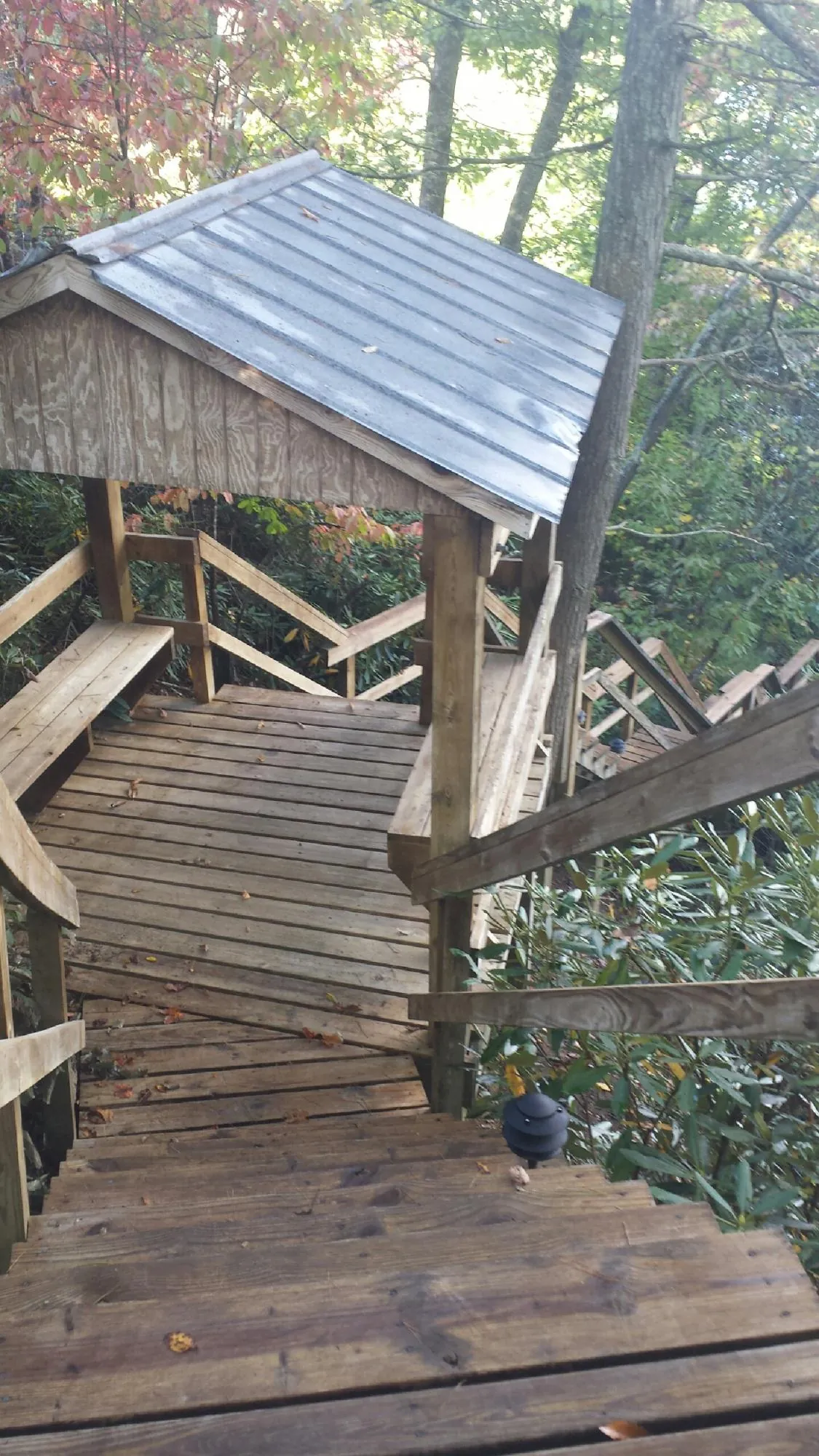 Metal roofed shelter over wooden steps on a wooded walkway — Skylight Repair & Installation work by our crew in Vinegar Bend